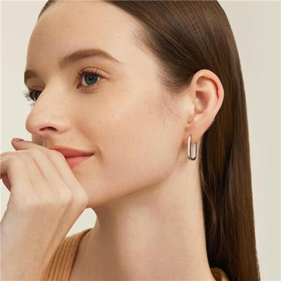 925 Sterling Silver Rectangle Hoop Earrings for Women Silver Geometric - Picture 2 of 7